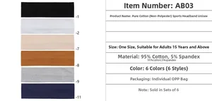 Détail de bandeaux de yoga en coton élastique en 6 couleurs avec tableau des tailles
