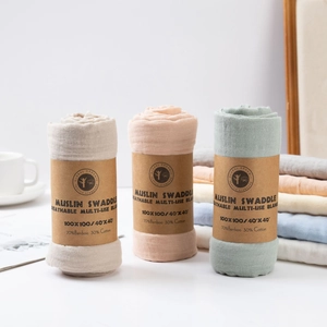 Soft bamboo cotton muslin swaddle blankets in beige, pink and green rolls 100x100cm