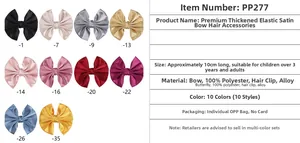 Detail showing 10 color options of satin bow hair clips for kids and adults with measurements