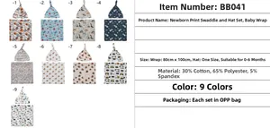 Baby swaddle wrap and hat set available in 9 diverse cartoon patterns and colors