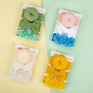 Lot de 3 bandeaux pour bébé avec fleurs en mousseline, nœuds donuts et grands rubans