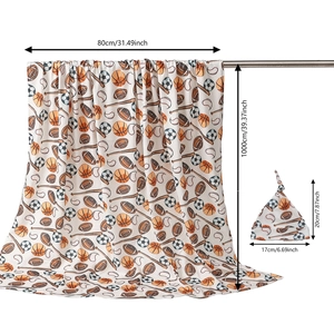 Baby swaddle blanket and knotted hat set with sports theme print in 80x100cm size