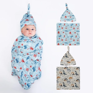 Newborn Baby Swaddle Blanket And Knot Hat Set Cotton Polyester Printed Soft Receiving Blanket For Infants Toddlers Shower Gift