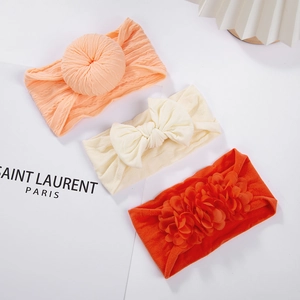 Lot de 3 bandeaux bébé en nylon avec fleurs en mousseline et nœuds en pêche et orange