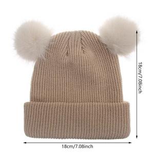 Bonnet d'hiver tricoté pour bébé avec deux pompons blancs en fausse fourrure, 18x18cm