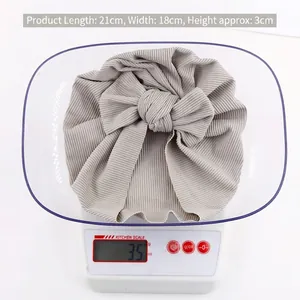 Light gray newborn baby ribbed cotton hat with large bow knot, dimensions 21x18x3cm