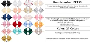 Size chart for baby bow headbands in 21 colors made of soft nylon and polyester fabric