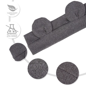 Detail of dark grey baby headband with bear ears, lightweight fabric, macro stitching view