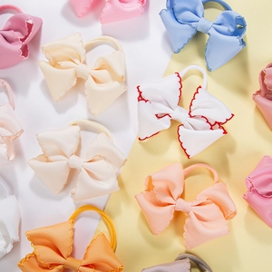 Three-piece set of scalloped edge grosgrain ribbon bow headbands for girls in pastel colors