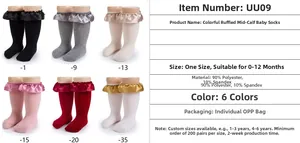 Détail de chaussettes bébé en plusieurs couleurs avec dentelle satin et matériaux