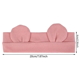 Pink knit baby headband with cute round ears, measuring 20cm by 6cm on white background