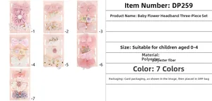Detailed set of 3 baby flower headbands with lace bows for infants 0-4 years
