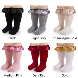 Chaussettes mi-hautes en coton pour enfants avec froufrous en satin en six couleurs