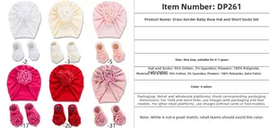 Detailtabelle für Material und Größe der Baby-Mütze und Socken im Rosen-Design