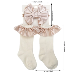 Infant champagne satin bow headband and ruffled lace socks set for baby photo props