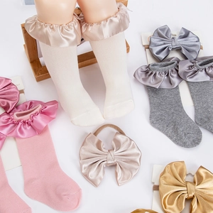 Baby Girl Ruffle Socks And Large Satin Bow Headband Combination Cotton Infants Toddlers Accessories For Newborn Photography
