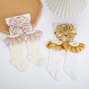 Baby girl socks and headband set with satin bow and ruffle lace in gold and beige