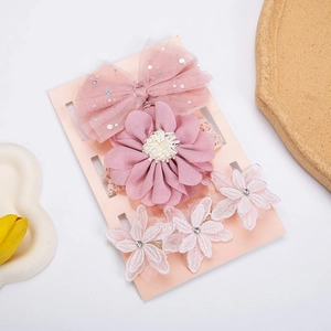 Baby girl 3-piece floral headbands set featuring pink mesh bow and white lace flowers