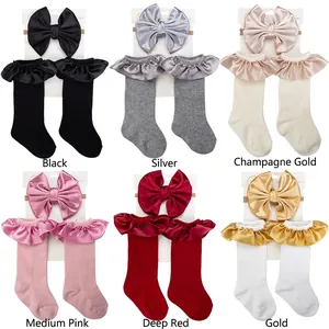 Infant headbands and socks set with satin ruffles and large bows in six assorted colors