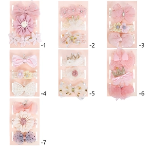 Baby girl hair accessory set featuring lace flower bows and glitter crowns in 7 styles