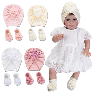 Baby Mädchen Baumwolle Turban Hut Und Socken Set Weiche Neugeborene Beanie Bodensocken Mit 3D Rosenblume Für Party Fotografie