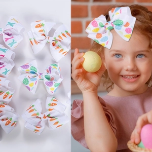 Nœuds de Cheveux de Pâques pour Enfants Ruban Gros-Grain Imprimé Lapin Œuf Carotte Grandes Pinces Crocodiles pour Filles