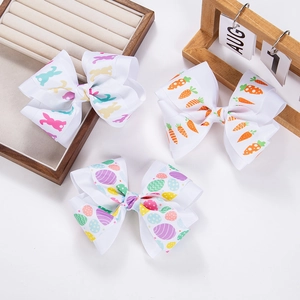 Lot de barrettes de Pâques avec nœuds imprimés, motifs lapin, carotte et œufs colorés