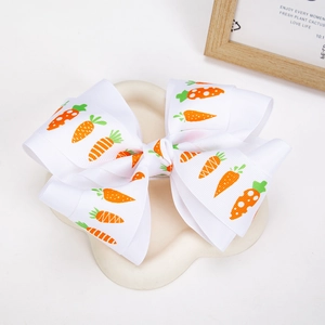 Nœud pour cheveux de Pâques avec imprimés carottes sur ruban blanc pour filles