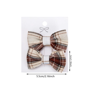 Set of two vintage plaid cotton bow hair clips for girls in brown and beige tones