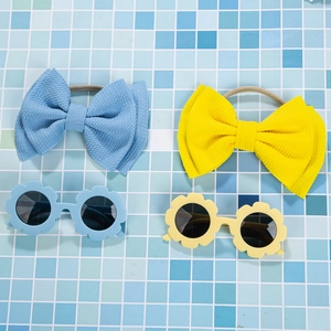 Floral baby sunglasses with waffle bow headbands in blue and yellow colors set