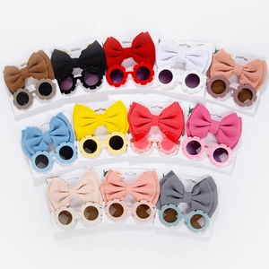 Kids Sunglasses And Headband Set Flower Shaped Sunglasses Waffle Bow Headband UV400 Eyewear For Baby Girls Toddlers Summer Outdoor Travel Photo Props