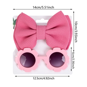 Kids rose red bow headband and pink flower sunglasses set for toddlers on display card