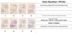 Detailed chart showing eight styles of pearl heart hair clips in various pastel colors