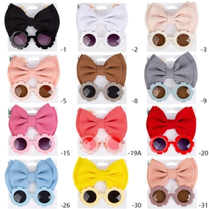Set of flower frame kids sunglasses and large bow headbands in 12 assorted colors
