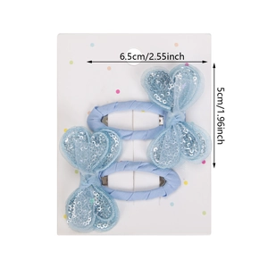 Pair of light blue sequined heart hair clips for girls with mesh fabric and BB clip base