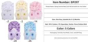 Detailed set of 5 cotton baby hats and lace socks in pastel colors for infants