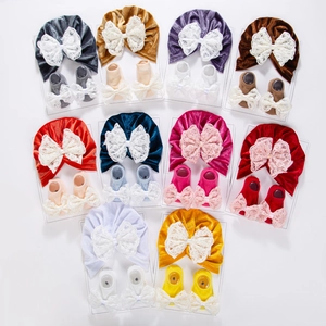 Ensemble turban bébé en velours doré et chaussettes avec nœuds en dentelle, dix couleurs