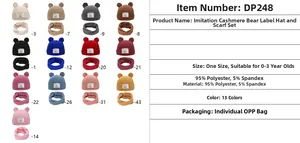 Detailed size chart for baby bear hat and scarf set with 13 colors for 0-3 years