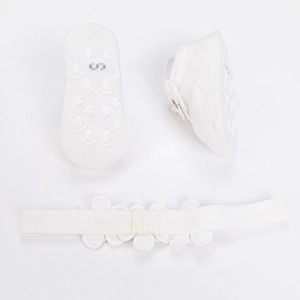 Ensemble bandeau et chaussettes bébé blanc avec fleurs en relief et étoiles antidérapantes