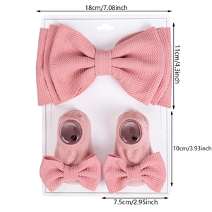 Baby bow headband and socks set in dusty rose pink crinkle knit fabric for newborns