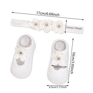 Coffret bandeau et chaussettes blanches avec fleurs en perles pour bébé et dimensions