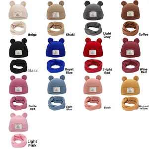Grid view of baby bear hat and scarf sets in 13 various colors for autumn and winter