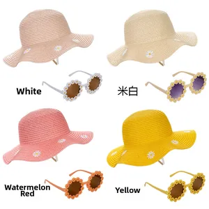 Daisy sun hat and matching floral sunglasses set in white beige red and yellow