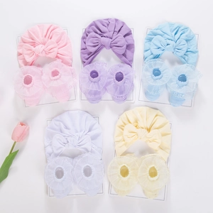 Newborn Baby Girl Cotton Turban Hat With Big Bow And Lace Trim Socks Set Soft Breathable Headwear Infant Accessories