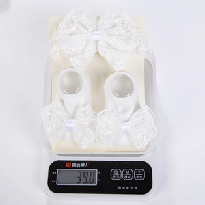 Détail de l'ensemble bandeau et chaussettes à nœud en dentelle pour bébé sur carte