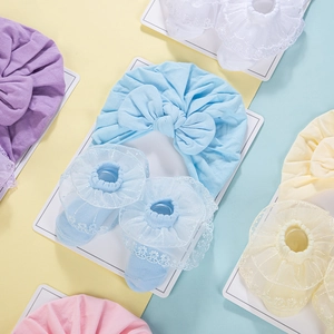 Cotton baby turban hat and lace socks set in various macaron colors for infants