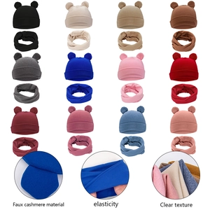 Detailed views of faux cashmere baby hat set showing elastic knit texture and bear ears
