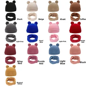 Detailed catalog showing 13 colors of infant bear ear hats and matching scarf sets
