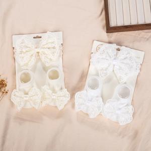 Coffret bandeau dentelle bébé et chaussettes assorties en coton crocheté respirant