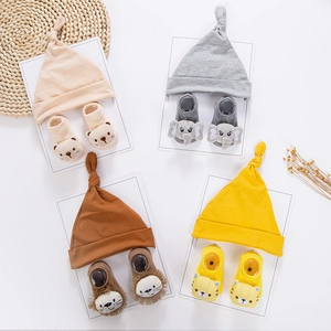 Baby Knitted Beanie And Socks With 3D Cartoon Animal Pattern Soft Cotton Blend Newborn Toddler Knot Hat And Anti Slip Socks